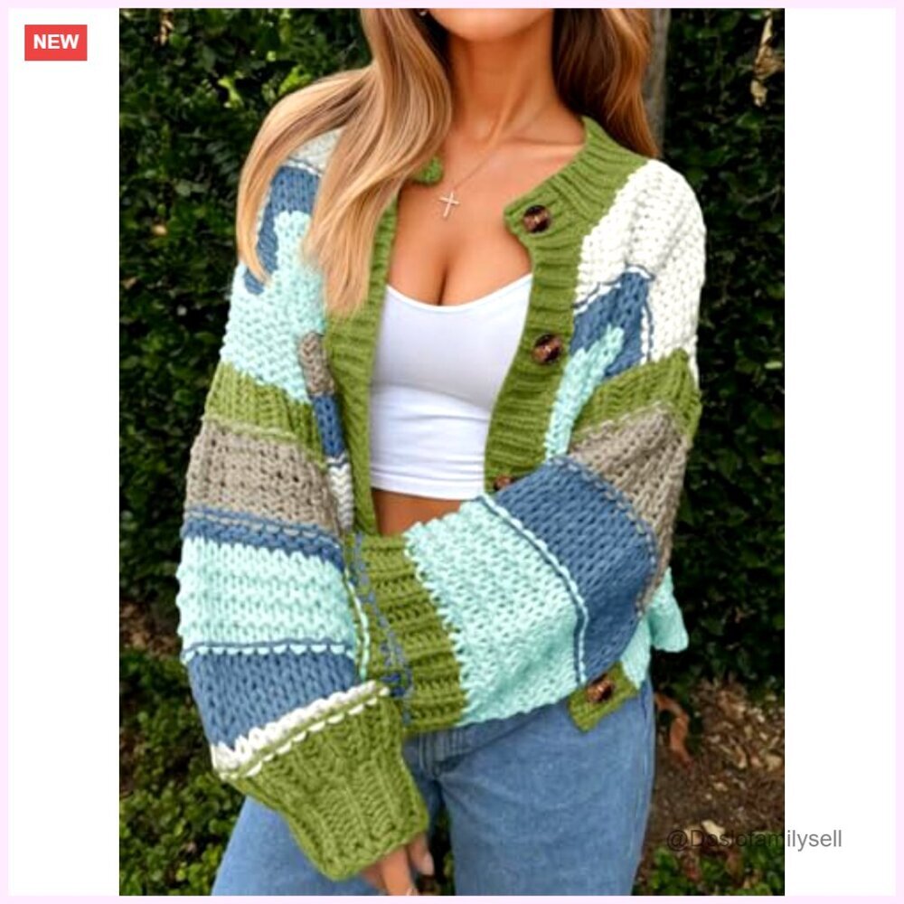 Chunky Knit Cardigan, Oversized Fit, Button Front, Long Sleeve, Striped Sweater - Picture 2 of 7